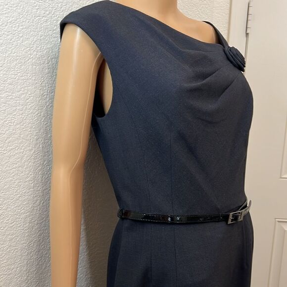 Jones Studio Woman’s Dress Sz 10 Dark Gray Pleated Floral Sleeveless Midi Belted - Picture 4 of 13